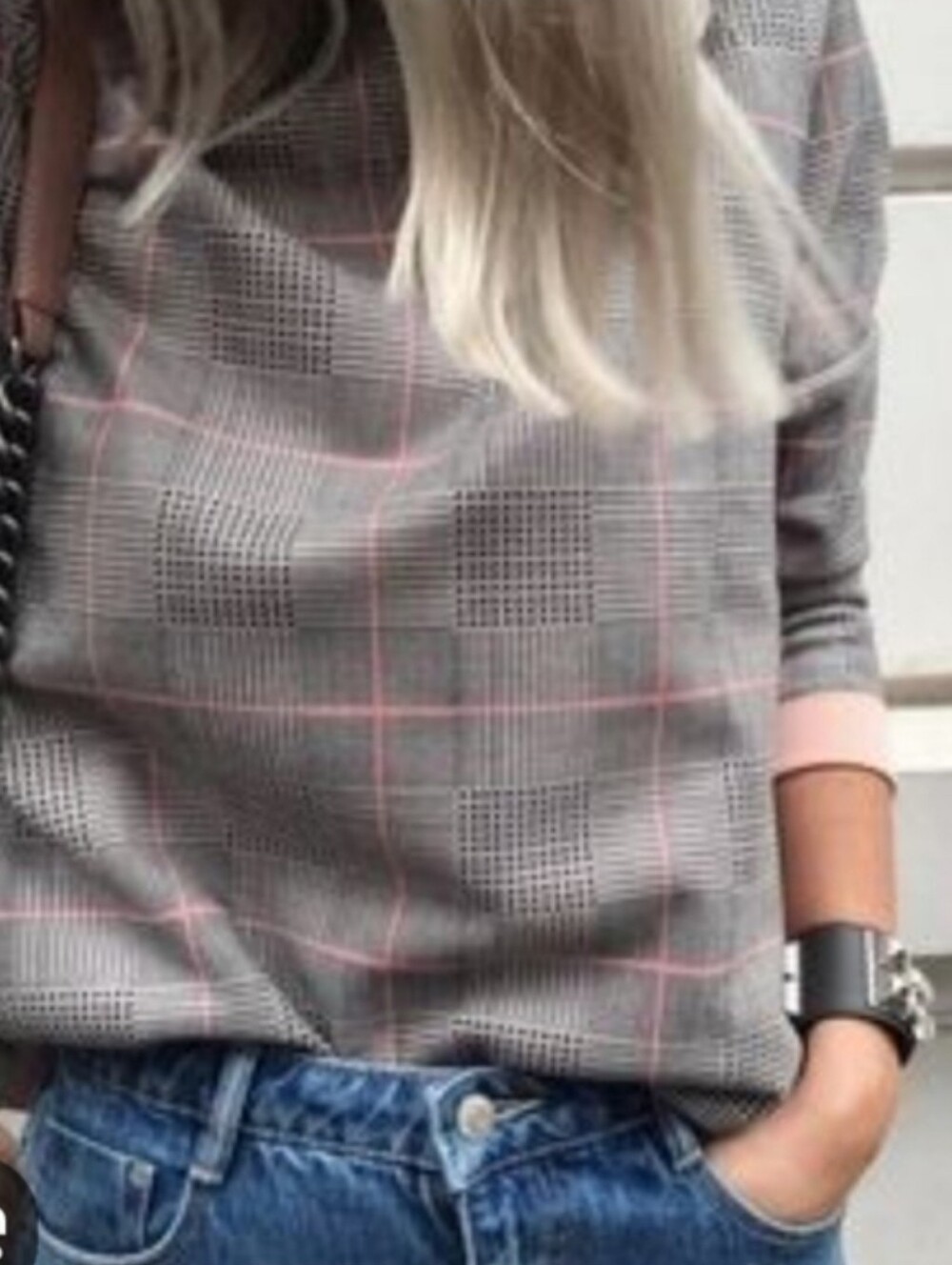 ZARA Woman PlaidBlouse Top Pink Trim Glen Check Plaid Size Large